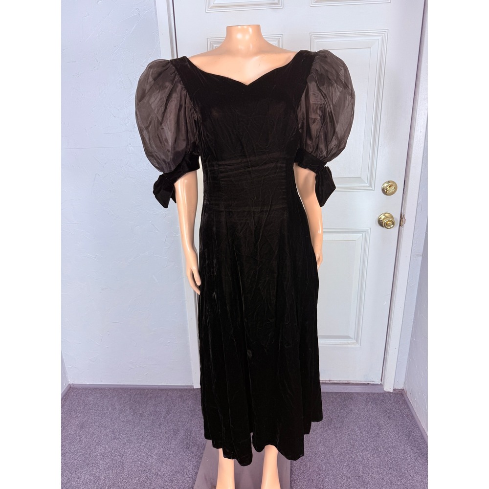 Vintage 80s Puff Sleeve Prom Dress Formal Party Velvet Evening Alfred Angelo FF1